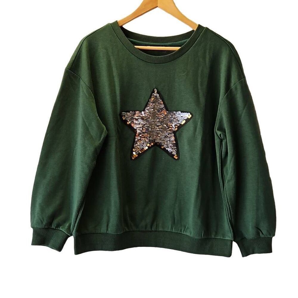 Allegra K Amazon Star Sequin Sweatshirt Green Medium
